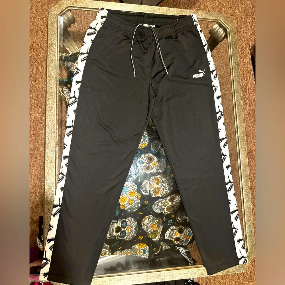 Puma Athletic Silky Black W White Stripe Pants Sweatpants Joggers Varsity 2XL - Picture 1 of 10
